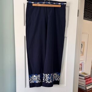 Weekend Max Mara Navy Blue Pants with White and Blue Embroidery
